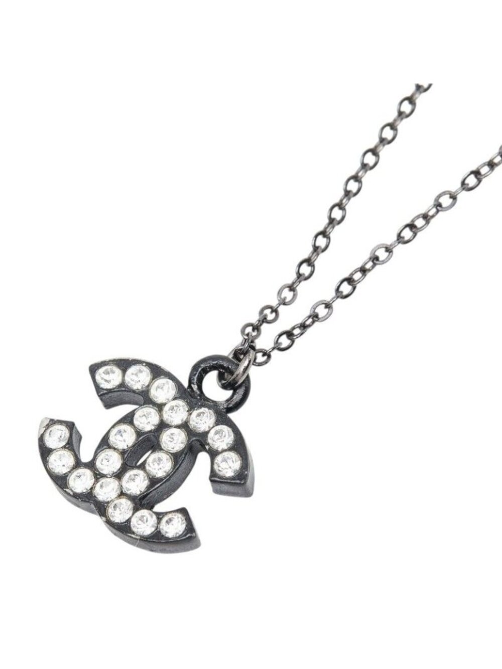 Chanel CC Logo Necklace Black Metal Rhinestone